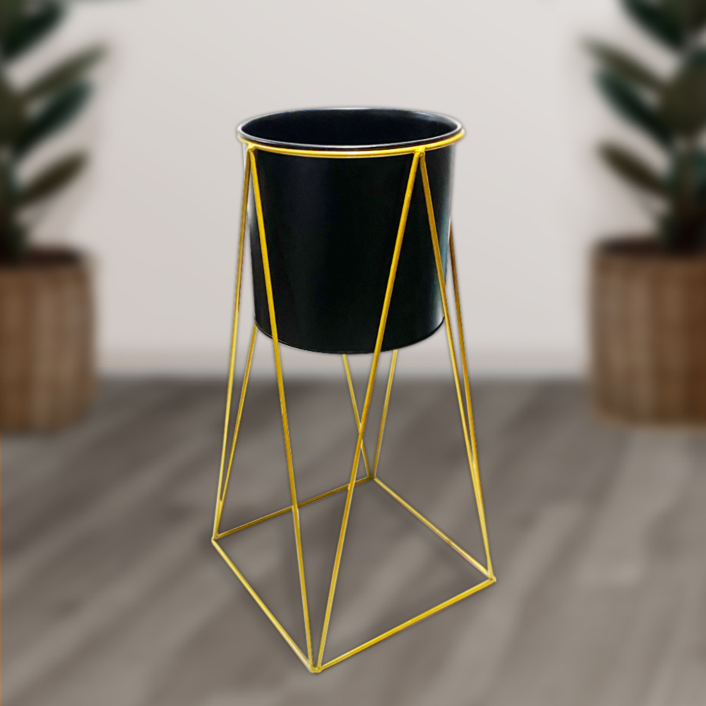 Macetero Pedestal Decorativo Negro Con Dorado