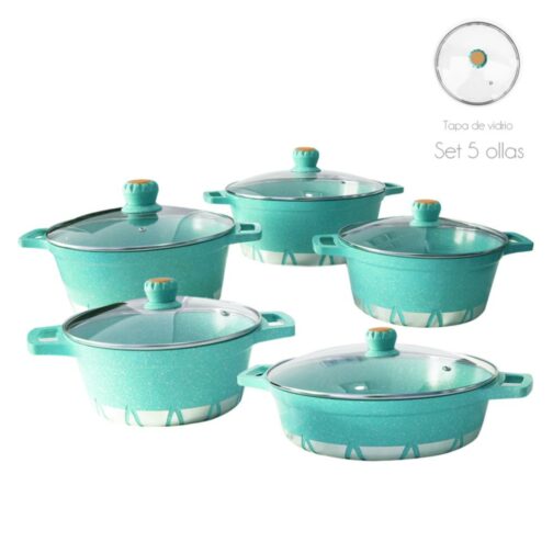 Batería de Cocina 10 Piezas Altas Granito Antiadherente Verde Agua