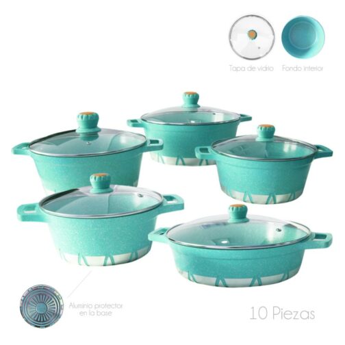 Batería de Cocina 10 Piezas Altas Granito Antiadherente Verde Agua - Imagen 3